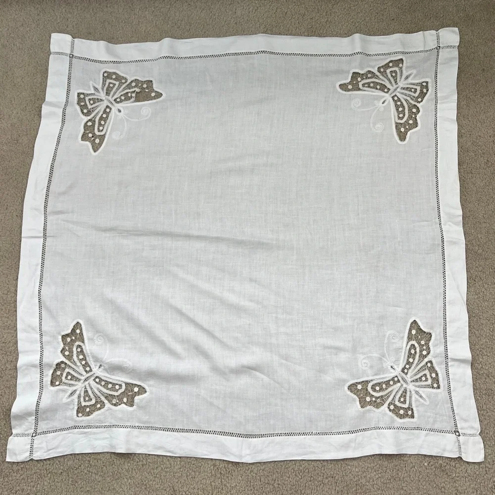 Vintage White Linen Lace Tablecloth Butterfly Embroidered Applique Square 40x40